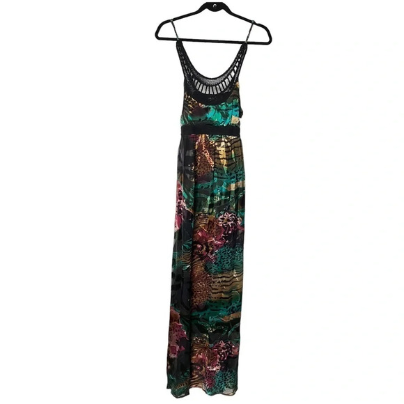 Desigual Multi Colour Print Silk Blend Crochet Braided Maxi Dress - Picture 2 of 13